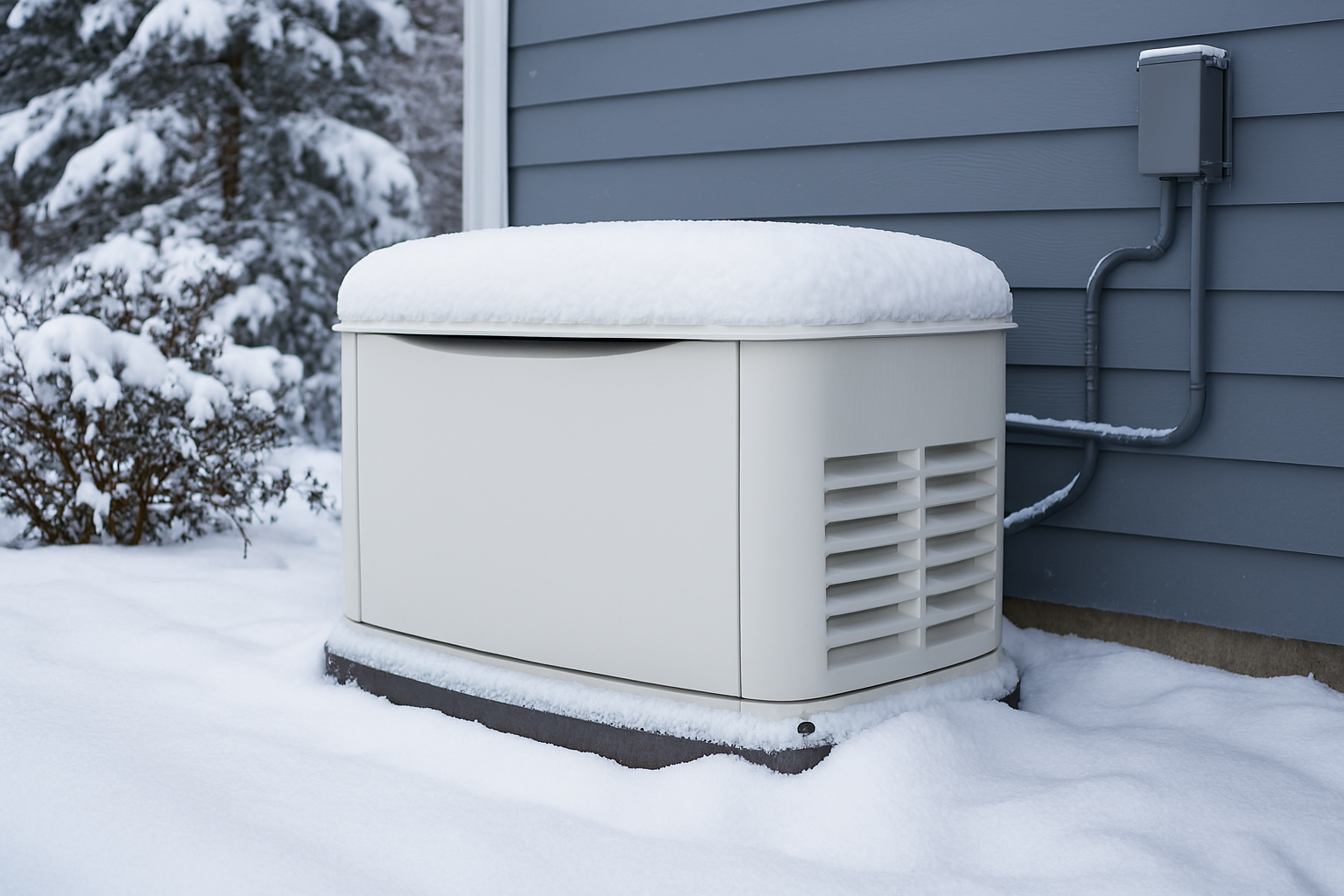 Generator covered in snow outside house