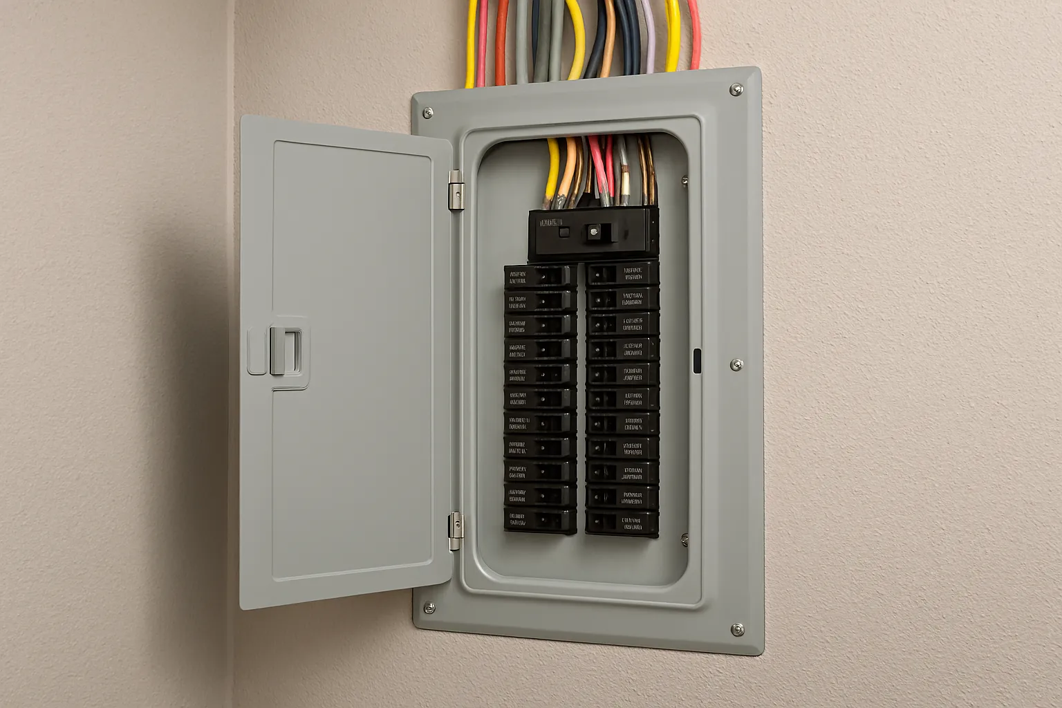Electrical panel with circuit breakers visible