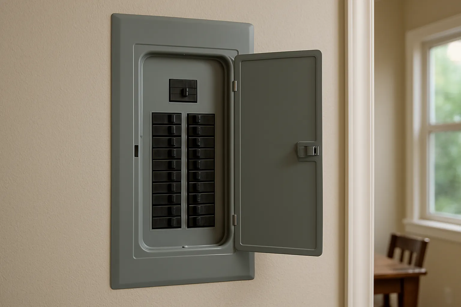 Open electric panel with circuit breakers