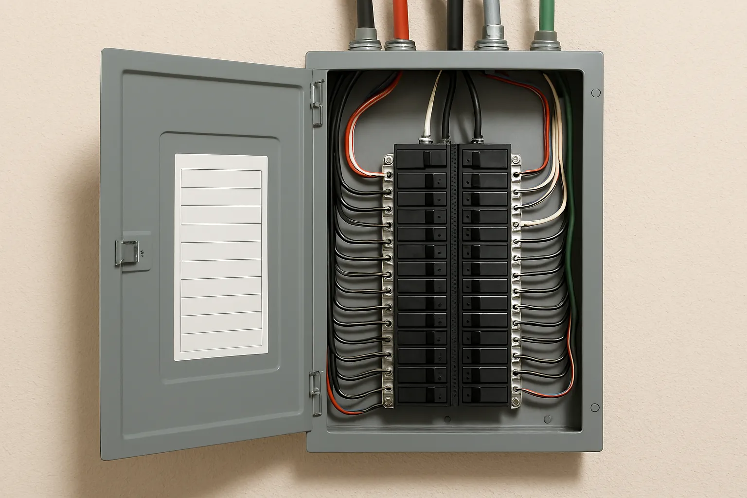 Open electrical panel with circuit breakers
