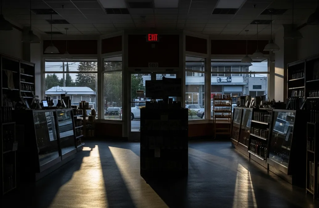 Dimly lit store with large windows.