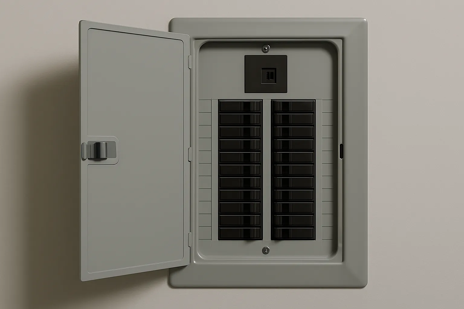 Open electrical panel with circuit breakers