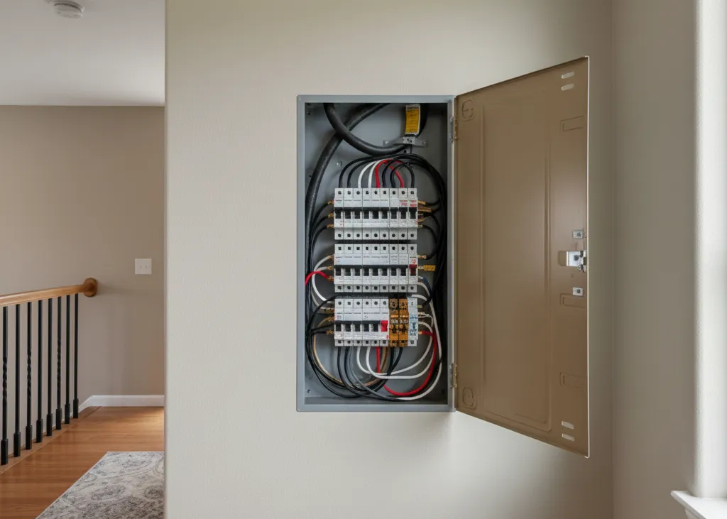 Open electrical panel with visible wiring