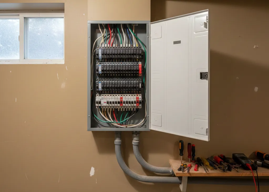 Electrical panel with visible wiring and tools