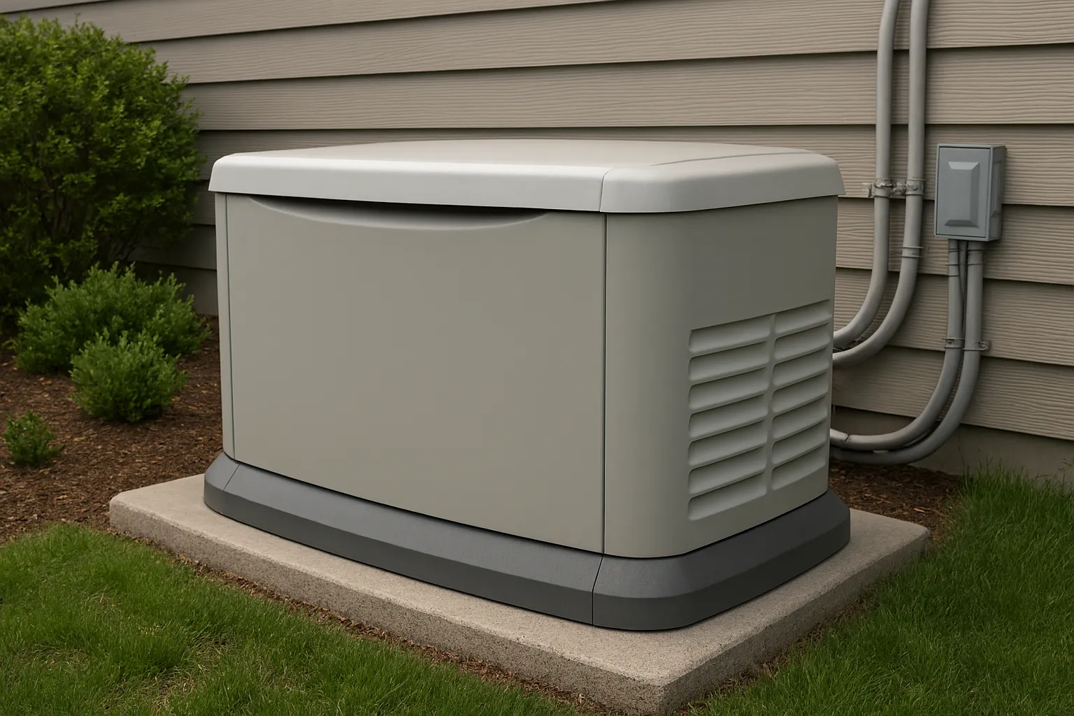 Gray generator beside house foundation